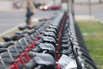 Image showing Bicycles on the street in city downtown