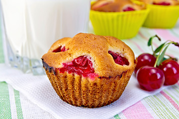 Image showing Cupcake with cherries and milk on napkin