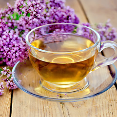 Image showing Herbal tea of oregano on board in glass cup