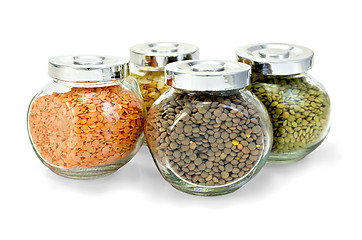 Image showing Lentil different and pea flakes in jars