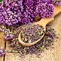 Image showing Herbal tea of dry oregano in spoon on board