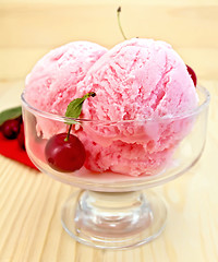 Image showing Ice cream cherry with red napkin on board