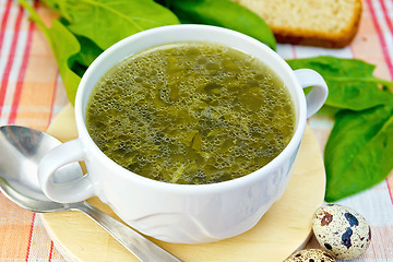 Image showing Soup of greens on the fabric with a spoon