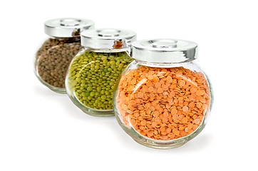 Image showing Lentil different in glass jars a row