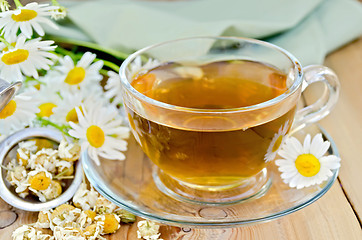 Image showing Herbal chamomile tea in cup with strainer on board