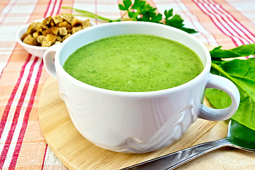 Image showing Soup puree with spinach on fabric