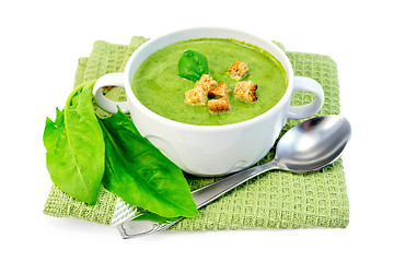 Image showing Soup puree with spinach and spoon
