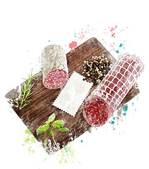 Image showing Watercolor Image Of  Hard Salami,Herbs and Spices
