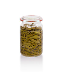 Image showing Very old pot of green string-beans, preserved