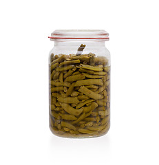 Image showing Very old pot of green string-beans, preserved