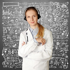 Image showing doctor woman with headphones smile at camera