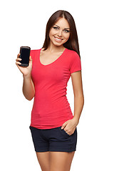 Image showing Woman showing mobile cell phone with black screen