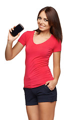 Image showing Woman showing mobile cell phone with black screen