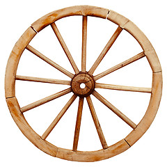 Image showing Ancient wooden grunge wagon wheel in country style isolated on w