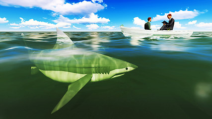 Image showing businessmen on boat with shark