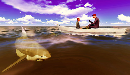 Image showing  businessmen onboat with shark