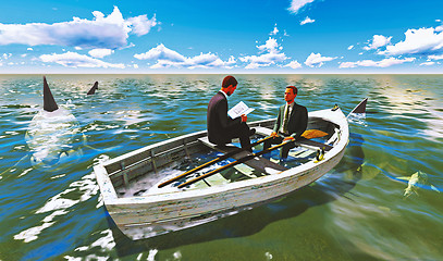 Image showing businessmen on boat with shark