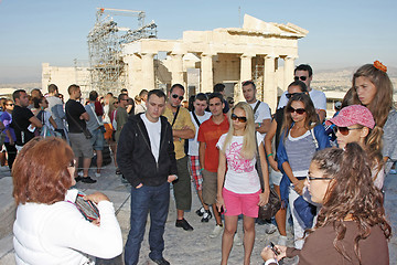 Image showing Tourists sightseeing Temple of Athena Nike in Acropolis