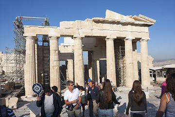 Image showing People sightseeing Temple of Athena Nike in Athens
