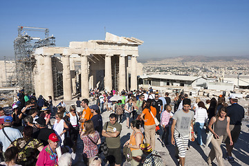 Image showing Tourists sightseeing Temple of Athena Nike in Athens