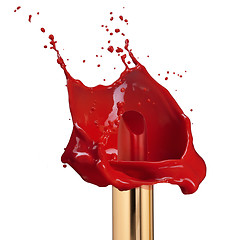 Image showing Red lipstick with splash of paint isolated