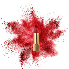 Image showing Red lipstick with powder explosion isolated on white