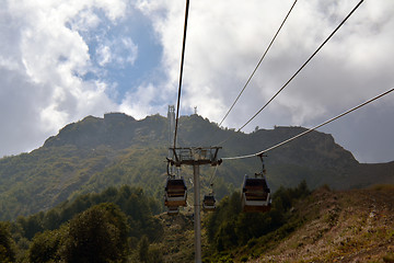 Image showing closed chair lifts moving in the mountains