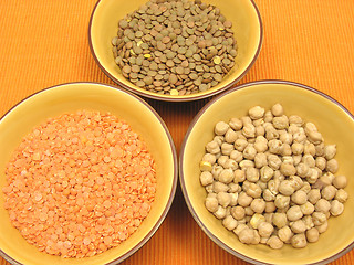 Image showing Three bowls of ceramic with garbanzos lentils and red lentils