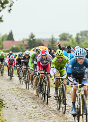 Image showing The Peloton on a Cobbled Road- Tour de France 2014