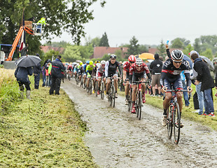 Image showing The Peloton on a Cobbled Road- Tour de France 2014