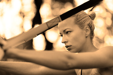 Image showing Training with fitness straps outdoors.