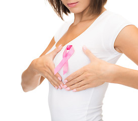 Image showing woman with pink cancer awareness ribbon