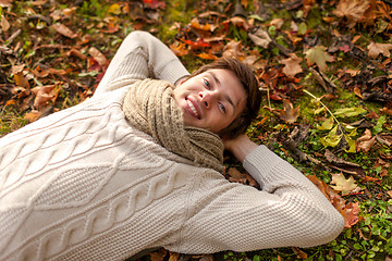 Image showing close up of smiling young man lying in autumn park