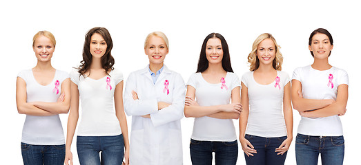 Image showing smiling women with pink cancer awareness ribbons