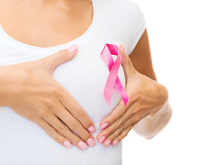 Image showing woman with pink cancer awareness ribbon