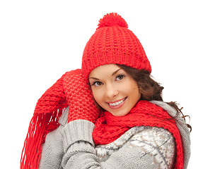 Image showing beautiful asian woman in hat, scarf and mittens