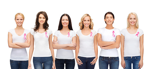 Image showing smiling women with pink cancer awareness ribbons