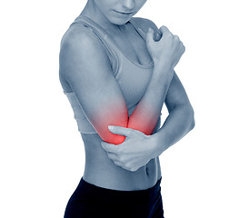 Image showing sporty woman with pain in elbow