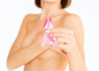 Image showing hand holding pink breast cancer awareness ribbon