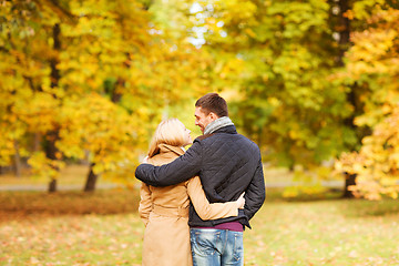 Image showing smiling couple hugging in autumn park from back