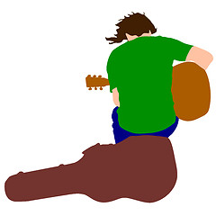 Image showing Silhouette musician guitar player sitting on the case. Vector il