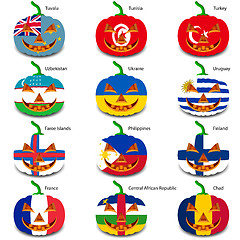 Image showing Set pumpkins for Halloween as a flags of the world. Vector illus