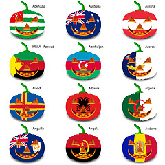 Image showing Set pumpkins for Halloween as a flags of the world. Vector illus