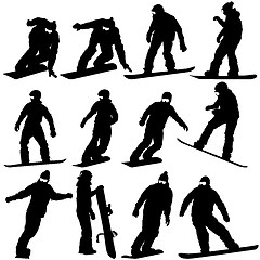 Image showing Black silhouettes set snowboarders on white background. Vector i