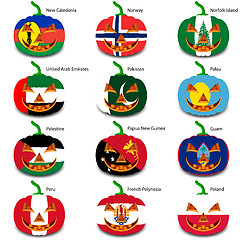 Image showing Set pumpkins for Halloween as a flags of the world. Vector illus