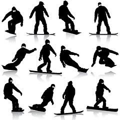 Image showing Black silhouettes set snowboarders on white background. Vector i