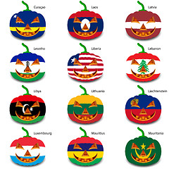 Image showing Set pumpkins for Halloween as a flags of the world. Vector illus