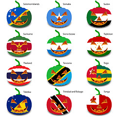 Image showing Set pumpkins for Halloween as a flags of the world. Vector illus