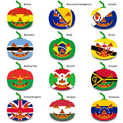 Image showing Set pumpkins for Halloween as a flags of the world. Vector illus