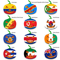 Image showing Set pumpkins for Halloween as a flags of the world. Vector illus